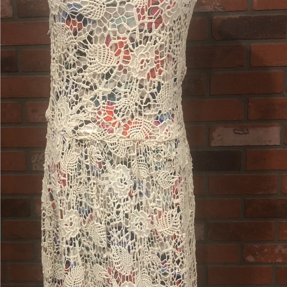 Maison Jules Size Small Cream Crochet Midi Dress with Multicolor Lining